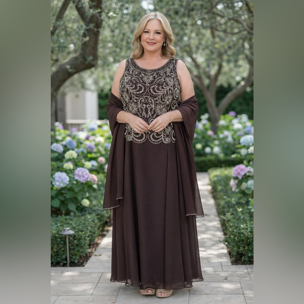 David's Bridal Brown Formal Dress with Gold and Cream Beading